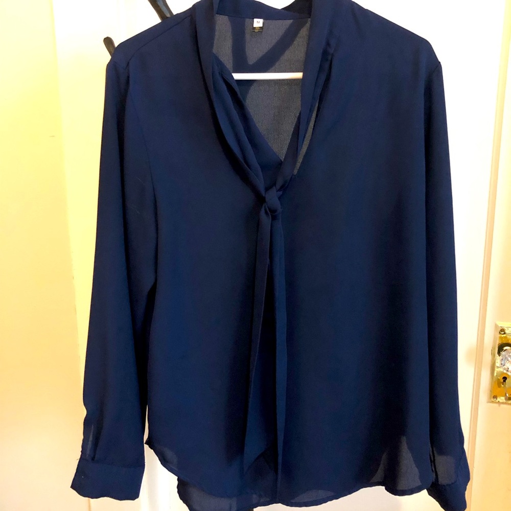 Navy Blue Long sleeve V Neck Blouse with Tie